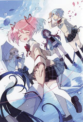  5girls ^_^ absurdres akemi_homura back_bow black_footwear black_hair black_pantyhose black_skirt black_socks blonde_hair blouse blue_eyes blue_hair blue_sky boots bow breasts closed_eyes cloud cloudy_sky crop_top day denim denim_shorts dot_nose drill_hair dutch_angle facing_viewer fingernails floating_hair flower food food_in_mouth green_hoodie hair_flower hair_ornament hair_ribbon hairclip hairpin hands_in_pockets hanokage happy high_collar highres holding_hands hood hood_up hoodie jewelry juliet_sleeves kaname_madoka knee_boots kneehighs light_blush light_particles loafers long_hair long_sleeves looking_up mahou_shoujo_madoka_magica mahou_shoujo_madoka_magica_(anime) micro_shorts midriff miki_sayaka mitakihara_school_uniform multiple_girls navel neck_ribbon official_art open_clothes open_hoodie open_mouth outdoors outstretched_arm pantyhose petals pink_hair plaid plaid_skirt pleated_skirt pocky pov pov_hands puffy_sleeves rain red_eyes red_hair red_ribbon reflection reflective_water ribbon ring ripples sakura_kyoko school_uniform shade shading_eyes shadow shirt shoes short_hair shorts sideways_glance skirt sky small_breasts smile socks standing standing_on_one_leg straight_hair string thighhighs tomoe_mami transparent transparent_umbrella twin_drills twintails umbrella under_umbrella water water_drop white_thighhighs yellow_eyes zettai_ryouiki 