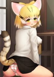  absurdres animal_ear_fluff animal_ears ass bad_id bad_pixiv_id black_skirt blonde_hair blush breast_rest breasts cat_ears cat_girl chair clothes_lift commentary deku_suke extra_ears female from_behind highres indoors kemono_friends large_breasts lifted_by_tail long_sleeves looking_at_viewer looking_back oerba_yun_fang open_mouth panties sand_cat_(kemono_friends) short_hair sitting sitting_backwards skirt skirt_lift solo striped_clothes striped_panties tail tail_raised underwear yellow_eyes 