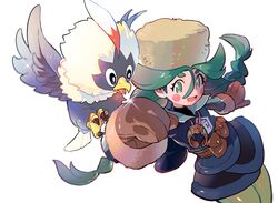  :d arm_up bird blush_stickers braid brown_mittens commentary female fur_hat green_eyes green_hair green_legwear hair_between_eyes hat highres jacket lipaidoujiang long_hair lower_teeth_only mittens open_mouth pantyhose pokemon pokemon_(creature) pokemon_legends:_arceus rufflet sabi_(pokemon) simple_background skirt smile sparkle teeth tongue twin_braids twintails white_background yellow_headwear 