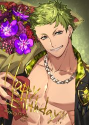  1boy abs alternate_costume bad_id bad_pixiv_id bara bare_pectorals black_star_-theater_starless- chain_necklace chains flower green_eyes green_hair happy_birthday highres jacket jewelry kongou_(black_star) large_pectorals light_green_hair male_focus muscular muscular_male necklace open_clothes open_jacket pectorals purple_flower short_hair smile solo stomach umedairuka upper_body 