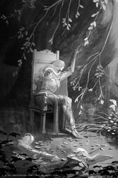  artstation_username cape closed_mouth elden_ring female from_side greyscale hand_up helmet highres l_aciel long_hair malenia_blade_of_miquella monochrome prosthesis prosthetic_arm prosthetic_leg sitting solo spoilers throne unworn_headwear unworn_helmet winged_helmet 