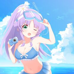  ;d alternate_hairstyle aqua_eyes arm_up assault_lily banshouya_ena bare_arms bare_shoulders bikini bikini_skirt blue_bikini blue_sky blunt_bangs blunt_ends breasts camera cleavage cloud collarbone commentary_request cumulonimbus_cloud day female flower frilled_bikini frills goggles goggles_on_head hair_flower hair_ornament halterneck hand_on_goggles hand_up high_ponytail highres holding holding_camera horizon light_blush looking_at_viewer medium_breasts navel ocean one_eye_closed open_mouth outdoors ponytail ri_(pikatexiu_106) sidelocks sky smile snorkel solo standing stomach swimsuit upper_body water white_flower 