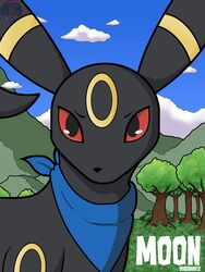  2022 bandana black_body black_fur blue_bandanna blue_kerchief blue_sky cel_shading cloud day digital_drawing_(artwork) digital_media_(artwork) dysart eeveelution feral forest fur generation_2_pokemon grass hi_res hill hillside kerchief looking_at_viewer male mountain nintendo plant pokemon pokemon_(species) pupils red_sclera shaded sky solo tree umbreon 