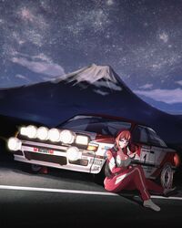  absurdres bandaid bandaid_on_face bandaid_on_nose blue_eyes breasts brown_hair car cleavage female funkygarage grey_shirt hair_behind_ear highres jacket kaho_(funkygarage) marlboro medium_breasts motor_vehicle mount_fuji original outdoors pants pirelli pop-up_headlights race_vehicle racecar rally_car red_jacket red_pants shirt sitting smile solo sponsor toyota toyota_celica toyota_celica_t160 vehicle_focus world_rally_championship 