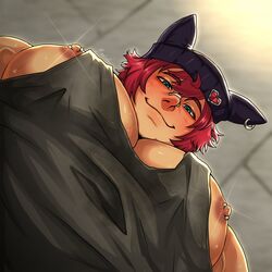  1boy absurdres bara beanie foreshortening from_below glint hat heartsteel_sett highres large_pectorals league_of_legends looking_at_viewer looking_down male_focus meme muscular muscular_male nipple_slip nipples pectoral_cleavage pectoral_focus pectorals photo-referenced red_hair renishi9 scar scar_on_face scar_on_nose sett_(league_of_legends) short_hair sidepec solo tank_top thick_eyebrows upper_body yur_oc_like_this_(meme) 