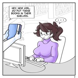  1girls ambiguous_gender anor3xia big_breasts bimbo books brown_hair busty comic english_text glasses huge_breasts jaiden jaiden_animations mob_face page_2 purple_sweater tagme youtube youtuber 