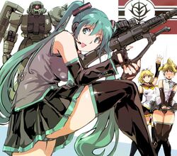  1boy 2girls ahoge aqua_eyes aqua_hair aqua_necktie bare_shoulders black_skirt blonde_hair bow commentary cosplay crop_top crossdressing crossover detached_sleeves fingerless_gloves gloves green_eyes grey_shirt gun gundam hair_ornament hairbow hairclip hand_up hatsune_miku hatsune_miku_(cosplay) hatsune_miku_(vocaloid4) heart holding holding_gun holding_weapon kagamine_len kagamine_rin kamisimo_90 leg_warmers long_hair long_sleeves looking_at_viewer mecha mobile_suit_gundam multiple_girls neckerchief necktie open_mouth panties robot sailor_collar shirt short_hair short_ponytail skirt smile striped_clothes striped_panties thighhighs thighs twintails underwear v4x vocaloid weapon yellow_necktie zaku_ii zettai_ryouiki 