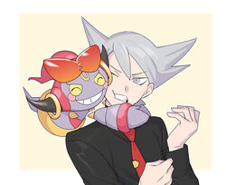  1boy adjusting_sleeves black_shirt border borrowed_clothes cheek_squash clenched_teeth commentary_request grey_eyes grey_hair hand_up highres hoopa hoopa_(confined) lear_(pokemon) long_sleeves male_focus necktie pokemon pokemon_(creature) pokemon_masters_ex red_necktie shirt spiked_hair sunglasses teeth upper_body white_border yuusya27 