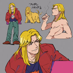  1boy afghan_hound black_shirt blonde_hair brown_eyes brown_footwear canine chain_necklace chains cigarette commentary_request full_body gold_chain green_pants grey_background grin holding holding_cigarette inudori jacket jewelry kaiji kitami_(kaiji) long_hair male_focus medium_bangs multiple_views necklace nipples pants parted_bangs print_shirt red_jacket shirt shoes simple_background smile smoke smoking topless_male translation_request upper_body v-shaped_eyebrows 