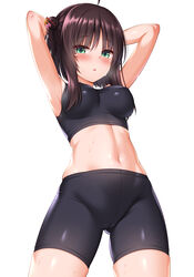  :o ahoge armpits arms_behind_head arms_up bike_shorts black_shorts blush breasts cowboy_shot female green_eyes hair_bun highres hitachi_mako looking_at_viewer medium_breasts navel open_mouth senren_banka short_hair_with_long_locks shorts sidelocks simple_background single_hair_bun single_side_bun skindentation solo sports_bra stomach sweat white_background zirba 