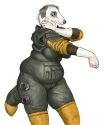  2021 amelie_(cettus) anthro belly belly_folds belly_overhang big_breasts borzoi breasts canid canine canis cettus clothed clothing domestic_dog dressing female fully_clothed fur hunting_dog mammal sighthound simple_background slightly_chubby slightly_chubby_anthro slightly_chubby_female solo spacesuit standing tight_clothing white_background white_body white_fur 