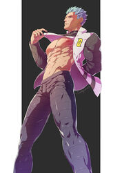  1boy abs bara bare_pectorals black_jacket black_pants closed_mouth clothes_lift cyrus_(pokemon) evinist highres jacket large_pectorals male_focus muscular muscular_male navel nipples open_clothes open_jacket pants pectorals pokemon pokemon_dppt shirt shirt_lift short_hair solo white_hair white_shirt 