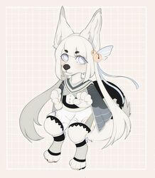  2022 anthro barefoot biped blue_eyes bulochka canid canine chibi clothed clothing digital_media_(artwork) eyebrows eyelashes feet female fox fully_clothed fur hair hi_res hindpaw long_hair looking_at_viewer mammal pattern_background paws simple_background solo white_body white_fur white_hair yoon-a_(bulochka) 