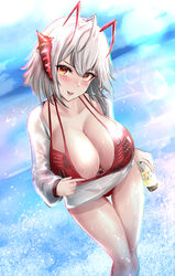  :d absurdres antenna_hair arknights bare_legs bikini bikini_under_clothes breasts can cleavage collarbone day drink_can dutch_angle feet_out_of_frame female grey_hair grey_jacket head_tilt highres holding holding_can horns jacket lens_flare long_sleeves looking_at_viewer open_clothes open_jacket open_mouth outdoors poni_(poni_arknights) red_bikini red_eyes red_hair see-through short_hair smile soda_can solo standing swimsuit thigh_gap two_side_up v-shaped_eyebrows w_(arknights) water wet_jacket 