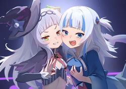  2girls :d blue_eyes blue_hair blue_hood blunt_bangs breasts capelet cheek-to-cheek clenched_teeth commentary_request eyes_visible_through_hair fins fish_tail gawr_gura gawr_gura_(1st_costume) grabbing_own_breast grey_hair hair_ornament hat heads_together highres hirotaka0125 hololive hololive_english hood light_blush long_hair long_sleeves looking_at_viewer medium_hair midriff mini_hat mini_witch_hat multicolored_eyes multicolored_hair multiple_girls murasaki_shion murasaki_shion_(1st_costume) ok_sign open_mouth orange_eyes shark_girl shark_hair_ornament shark_tail sharp_teeth small_breasts smile smug streaked_hair tail teeth tilted_headwear two-tone_hair two_side_up upper_body virtual_youtuber wide_sleeves witch_hat 