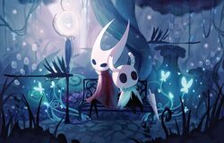  1other azusa_(980650076) bench black_eyes bug butterfly cape cobblestone dark female flower highres hollow_knight hornet_(hollow_knight) horns knight_(hollow_knight) looking_away nail_(hollow_knight) old_nail_(hollow_knight) plant shadow sitting tree 