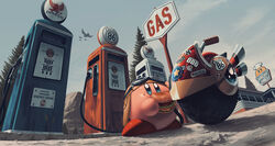  5health aviator_cap blue_eyes burger chef_kawasaki copy_ability diner dyna_blade english_text food gas_pump gas_station goggles goggles_on_head highres kirby kirby_(series) no_humans pine_tree sticker tree wheelie_(kirby) 