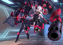  absurdres armpits bare_shoulders black_footwear black_gloves black_leotard boots bronya_zaychik bronya_zaychik_(black_nucleus) drill_hair elbow_gloves female floating floor full_body gloves grey_hair hair_between_eyes hair_ornament highres honkai_(series) honkai_impact_3rd indoors leotard looking_to_the_side pale_skin project_bunny red_eyes smile solo thigh_boots thighhighs twin_drills ying_fa 