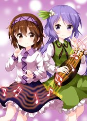  2girls beamed_eighth_notes beamed_sixteenth_notes biwa_lute black_skirt brown_eyes brown_hair closed_mouth collared_shirt commentary_request cowboy_shot dress eighth_note flower frilled_dress frilled_skirt frills green_dress hair_between_eyes hair_flower hair_ornament hairband highres index_finger_raised instrument leaf_hair_ornament light_particles long_hair long_sleeves looking_at_viewer lute_(instrument) multiple_girls music musical_note playing_instrument purple_background purple_eyes purple_hair purple_hairband quarter_note ruu_(tksymkw) shirt short_hair skirt smile standing touhou tsukumo_benben tsukumo_yatsuhashi white_flower white_shirt 