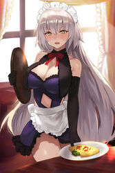  adapted_costume ahoge alternate_costume apron bare_shoulders bow breasts cleavage clothing_cutout commentary_request curtains dress duplicate elbow_gloves fate/grand_order fate_(series) female food food_art food_writing frills gloves grey_hair hair_between_eyes highres holding holding_tray indoors jeanne_d&#039;arc_alter_(avenger)_(fate) jeanne_d&#039;arc_alter_(avenger)_(third_ascension)_(fate) jeanne_d&#039;arc_alter_(fate) ketchup large_breasts long_hair looking_at_viewer maid maid_headdress navel_cutout omelet omurice open_mouth pale_skin photoshop_(medium) pixel-perfect_duplicate plate purple_dress red_bow seon_(seonon_) standing table thighhighs thighs translated tray very_long_hair waist_apron window yellow_eyes 