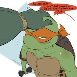  1:1 absurd_res ambiguous_gender anthro bandana bodily_fluids dialogue dumbbell duo eyewear grumpy hand_on_head hi_res kerchief looking_at_viewer looking_up male male/ambiguous michelangelo_(tmnt) muscular muscular_anthro muscular_male mutantail petting raphael_(tmnt) reptile scalie size_difference size_play speech_bubble sweat teenage_mutant_ninja_turtles teenage_mutant_ninja_turtles_(2012) text turtle weights wristband 