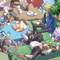  3boys absurdres berry_(pokemon) blurry coat coffee commentary_request couch cup dark-skinned_male dark_skin depth_of_field facial_hair food goatee grey_pants guzma_(pokemon) highres holding holding_cup jewelry klefki kukui_(pokemon) magazine_(object) malasada male_focus molayne_(pokemon) mug mugiccha2 multiple_boys open_clothes open_coat oran_berry pants plant pokemon pokemon_(anime) pokemon_sm_(anime) potted_plant ring rockruff rotom rotom_dex sitrus_berry sitting snubbull stufful sunglasses table white_coat wimpod wooden_floor 