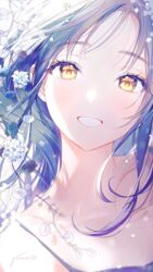  :d bare_shoulders black_hair blush collarbone commentary english_commentary female flower forehead gomzi long_hair looking_at_viewer open_mouth original petals portrait signature smile solo spaghetti_strap white_flower yellow_eyes 