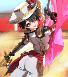  :d arched_back ass black_gloves black_hair blue_sky blurry blurry_background breasts bullfighting commentary_request cowboy_shot cropped_jacket depth_of_field dirt_floor dust female flower from_behind gloves hair_between_eyes hat hat_feather hat_flower holding holding_sword holding_weapon jacket looking_at_viewer looking_back matador medium_breasts megido72 muleta open_mouth outdoors pants partial_commentary red_eyes red_flower red_sash sash short_hair sky smile solo souma_(soumadian) stadium standing sword teeth tomboy upper_teeth_only very_short_hair weapon white_hat white_jacket white_pants zagan_(megido72) 