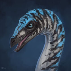  1:1 2019 ambiguous_gender azany beak blue_eyes detailed digital_media_(artwork) digital_painting_(artwork) dinosaur extinct feral gallimimus headshot_portrait hi_res markings multicolored_body open_beak open_mouth ornithomimid pink_tongue portrait prehistoric_species reptile scalie scar solo striped_markings stripes the_isle theropod tongue watermark 