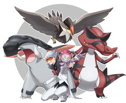  1boy black_shirt coat commentary_request donphan fur-trimmed_coat fur_trim gloves grin highres hoopa hoopa_(confined) krookodile lear_(pokemon) long_sleeves male_focus necktie on_one_knee outstretched_arm pants pokemon pokemon_(creature) pokemon_masters_ex purple_gloves red-tinted_eyewear red_necktie shirt shoes smile spiked_hair staraptor sunglasses teeth tinted_eyewear white_coat white_footwear white_pants yuusya27 