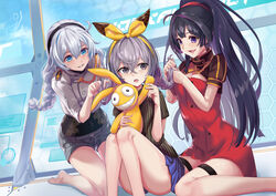  3girls :d :o antenna_hair barefoot black_shirt blue_eyes blue_skirt braid bronya_zaychik casual commentary_request denim denim_shorts doll dress floor full_body grin hair_between_eyes headband homu_(honkai_impact) honkai_(series) honkai_impact_3rd hugging_doll hugging_object indoors jacket kiana_kaslana kiana_kaslana_(valkyrie_ranger) long_hair multiple_girls on_floor open_mouth ponytail raiden_mei raiden_mei_(valkyrie_bladestrike) red_dress shirt short_sleeves shorts skirt sleeves_rolled_up smile teeth twin_braids wai_(yyy_x115) white_hair white_jacket 