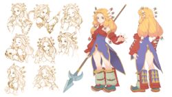  back blonde_hair boots closed_eyes coattails detached_sleeves expressionless female food fringe_trim haccan hair_tubes hand_to_own_mouth happy highres holding holding_food holding_polearm holding_pumpkin holding_vegetable holding_weapon imu_(lom) legend_of_mana long_hair looking_at_viewer multiple_views non-web_source official_art open_mouth pointy_footwear polearm pumpkin reference_sheet sad seiken_densetsu smile spear standing surprised tears turnaround vegetable weapon wince wiping_tears 