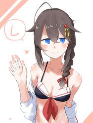  4me_4ma ahoge bikini blue_eyes blush braid breasts brown_hair closed_mouth commentary female hair_between_eyes hair_ornament hair_ribbon highres jacket kantai_collection long_hair looking_at_viewer open_clothes open_jacket red_ribbon ribbon sailor_bikini sailor_collar shigure_(kancolle) shigure_kai_ni_(kancolle) sidelocks signature simple_background single_braid small_breasts solo swimsuit two-tone_background waving 