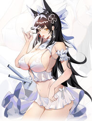  arm_scrunchie atago_(azur_lane) atago_(summer_march)_(azur_lane) azur_lane bare_shoulders bikini black_hair bow breasts commentary covered_nipples female hair_behind_ear hair_ornament highres kuroha_(rockluo213) large_breasts long_hair looking_at_viewer midriff navel official_alternate_costume revision see-through see-through_skirt skirt solo swimsuit tongue tongue_out turret white_bikini white_bow yellow_eyes 