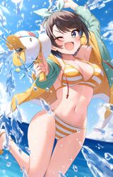  bikini bird black_hair blue_eyes blue_jacket blue_sky breasts cleavage cloud day drawstring duck female highres hololive horizon jacket medium_breasts morros oozora_subaru oozora_subaru_(hololive_summer_2019) open_clothes open_jacket outdoors short_hair sky smile solo splashing striped_bikini striped_clothes swept_bangs swimsuit virtual_youtuber water water_gun yellow_bikini 