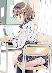  accidental_exposure ass blush book bow brown_eyes brown_hair chair classroom clothes_lift clueless collared_shirt curtains desk female from_behind hairband highres holding holding_book indoors kobayashi_chisato long_sleeves on_chair original panties plaid plaid_skirt red_bow school_uniform shirt short_hair sitting skirt skirt_lift solo underwear white_panties 