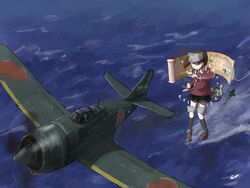  2girls 4me_4ma a7m_reppuu aircraft airplane black_legwear black_skirt brown_footwear brown_hair closed_mouth day fairy_(kancolle) highres japanese_clothes kantai_collection kariginu kneehighs long_sleeves multiple_girls outdoors rigging rudder_footwear ryuujou_(kancolle) scroll shikigami skirt socks twintails vehicle_focus visor_cap water 