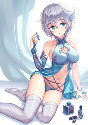  anastasia_(idolmaster) babydoll bangle bare_shoulders blue_eyes blue_panties bottle bracelet breasts bridal_gauntlets cleavage cleavage_cutout clothing_cutout collarbone female grey_hair hair_ornament hamahama hand_up highres holding idolmaster idolmaster_cinderella_girls jewelry large_breasts lingerie looking_at_viewer navel no_shoes panties parted_lips perfume_bottle photoshop_(medium) short_hair single_bridal_gauntlet sitting skindentation solo stomach thighhighs thighs underwear white_thighhighs yokozuwari 