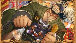  balor_(housamo) banana bara bare_pectorals beard blonde_hair blue_eyes chains chest_hair closed_eyes corn eyepatch facial_hair festival fireworks fish food fruit furry furry_male gomtang japanese_clothes jewelry kimono lamp large_pectorals leg_hair mask mature_male muscular muscular_male necklace night night_sky pectorals scar sideburns sky summer_festival sweat sweatdrop tezcatlipoca_(housamo) tokyo_afterschool_summoners tusks yukata 