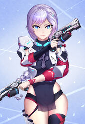  absurdres asymmetrical_sleeves blue_eyes braid braided_ponytail closed_mouth dual_wielding female gun hair_between_eyes hair_ornament hairpin handgun highres holding holding_gun holding_weapon honkai_(series) honkai_impact_3rd kallen_kaslana kallen_kaslana_(ritual_imayoh) long_hair looking_at_viewer mismatched_sleeves single_thighhigh smile solo thighhighs v-shaped_eyebrows weapon white_hair ying_fa 