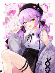  182_1x156_(gkyn8274) :d absurdres aran_sweater barbell_piercing bare_shoulders beret black_bow black_bowtie black_hat black_skirt bow bowtie braid cable_knit cardigan collared_shirt colored_inner_hair commentary demon_girl demon_tail ear_piercing english_commentary fake_horns female fingernails french_braid frilled_shirt frilled_sleeves frills green_eyes grey_cardigan hair_ornament hairclip hand_up hat high-waist_skirt highres hololive horned_headwear horns industrial_piercing jirai_kei light_blush linked_piercing long_hair looking_at_viewer multicolored_hair nail_polish off_shoulder official_alternate_costume open_cardigan open_clothes open_mouth piercing pink_hair pink_nails pleated_skirt pointy_ears pom_pom_(clothes) purple_hair shirt short_sleeves sitting skirt smile solo streaked_hair suspender_skirt suspenders sweater swept_bangs tail thigh_strap tokoyami_towa tokoyami_towa_(jirai_kei) twintails v virtual_youtuber wavy_hair white_shirt 