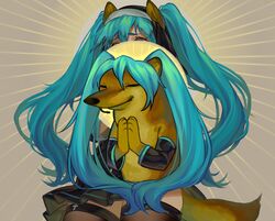  ameno_(song) animal animal_ears black_dress black_sleeves blue_hair brown_legwear bsapricot canine cheemsburger_(doge) commentary detached_sleeves dog_ears dog_girl dog_tail doge don&#039;t_look_at_her_(meme) dress female fusion habit hair_between_eyes hatsune_miku highres kemonomimi_mode long_hair long_sleeves meme nun parody shiba_inu tail textless_version thighhighs twintails twitter_username veil very_long_hair vocaloid 