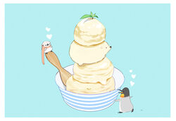  artist_name bear bird blue_background border chai_(drawingchisanne) commentary_request food food_focus heart highres ice_cream mint no_humans original penguin polar_bear scarf simple_background sitting_on_food undersized_animal wooden_spoon 