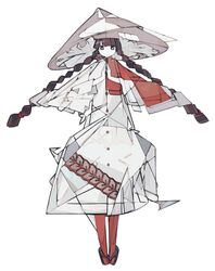  adapted_costume ajirogasa black_hair blunt_bangs braid bright_pupils brown_hat buttons capelet cubism dress female full_body harano_kaguyama hat highres looking_at_viewer own_hands_together palms_together red_legwear sandals simple_background solo standing tiptoes touhou twin_braids white_background white_dress white_pupils yatadera_narumi zouri 