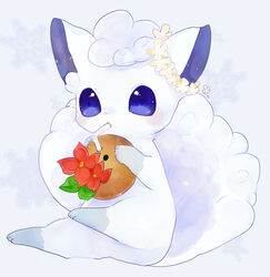  alolan_vulpix animal_focus bad_id bad_pixiv_id banchiku blue_eyes blush coconut commentary_request drink drinking drinking_straw flower fruit_cup hair_flower hair_ornament hands_up holding light_blush no_humans pokemon pokemon_(creature) red_flower short_hair snowflake_background solo white_background white_hair white_theme yellow_flower 