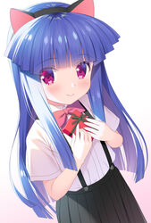  animal_ears black_hairband black_skirt blue_hair blush bow box cat_ears closed_mouth collared_shirt commentary dress_shirt fake_animal_ears female furude_rika gaou_(babel) gift gift_box gradient_background hairband hands_up higurashi_no_naku_koro_ni holding holding_gift long_hair pink_background pink_bow pleated_skirt red_eyes shirt short_sleeves skirt smile solo suspender_skirt suspenders very_long_hair white_background white_shirt 