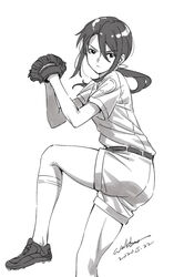  baseball_mitt baseball_uniform belt chinese_commentary commentary dated female greyscale hair_between_eyes monochrome original ponytail shoes short_hair short_sleeves sidelocks signature simple_background sneakers solo sportswear werkbau white_background 