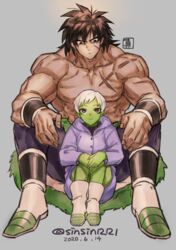  1boy artist_name black_hair boots broly_(dragon_ball_super) cheelai colored_skin dated dragon_ball dragon_ball_super dragon_ball_super_broly female green_skin grey_background jacket manly pectorals pelt purple_eyes scar shin_(sinsin12121) sitting sitting_on_lap sitting_on_person smile spiked_hair topless_male white_hair 