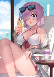  :o ass ayul_(ayulneri_92) bare_shoulders bikini blurry breasts chair cleavage commentary_request cup day depth_of_field drinking_glass drinking_straw eyewear_on_head fate/grand_order fate_(series) female front-tie_bikini_top front-tie_top grey_jacket hair_over_one_eye halterneck highres holding jacket knee_up large_breasts light_purple_hair looking_at_viewer lounge_chair mash_kyrielight mash_kyrielight_(swimsuit_of_perpetual_summer) ocean off_shoulder official_alternate_costume open_clothes open_jacket open_mouth outdoors purple_eyes short_hair solo strap_gap sunglasses swimsuit table thighs tropical_drink white_bikini 