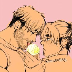  2boys bara beard blush couple eye_contact face-to-face facial_hair from_side goatee_stubble hair_between_eyes half-closed_eyes holding_another&#039;s_arm ice_cream_cone large_pectorals licking looking_at_another luke_(mewniverse) magnum_opus_(mewniverse) male_focus mature_male mewniverse moustache multiple_boys multiple_monochrome muscular muscular_male pectorals pink_background sam_(mewniverse) sexually_suggestive short_hair sideburns spot_color stubble thick_eyebrows undercut upper_body yaoi 